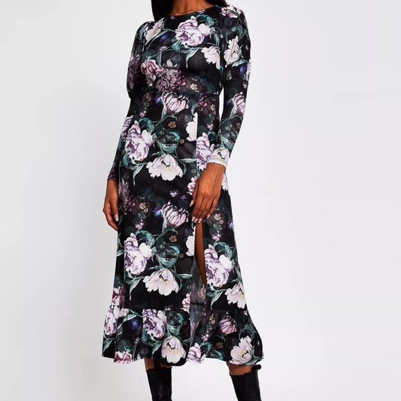 NWT RIVER ISLAND mutton sleeve floral midi dress in black - Picture 1 of 11